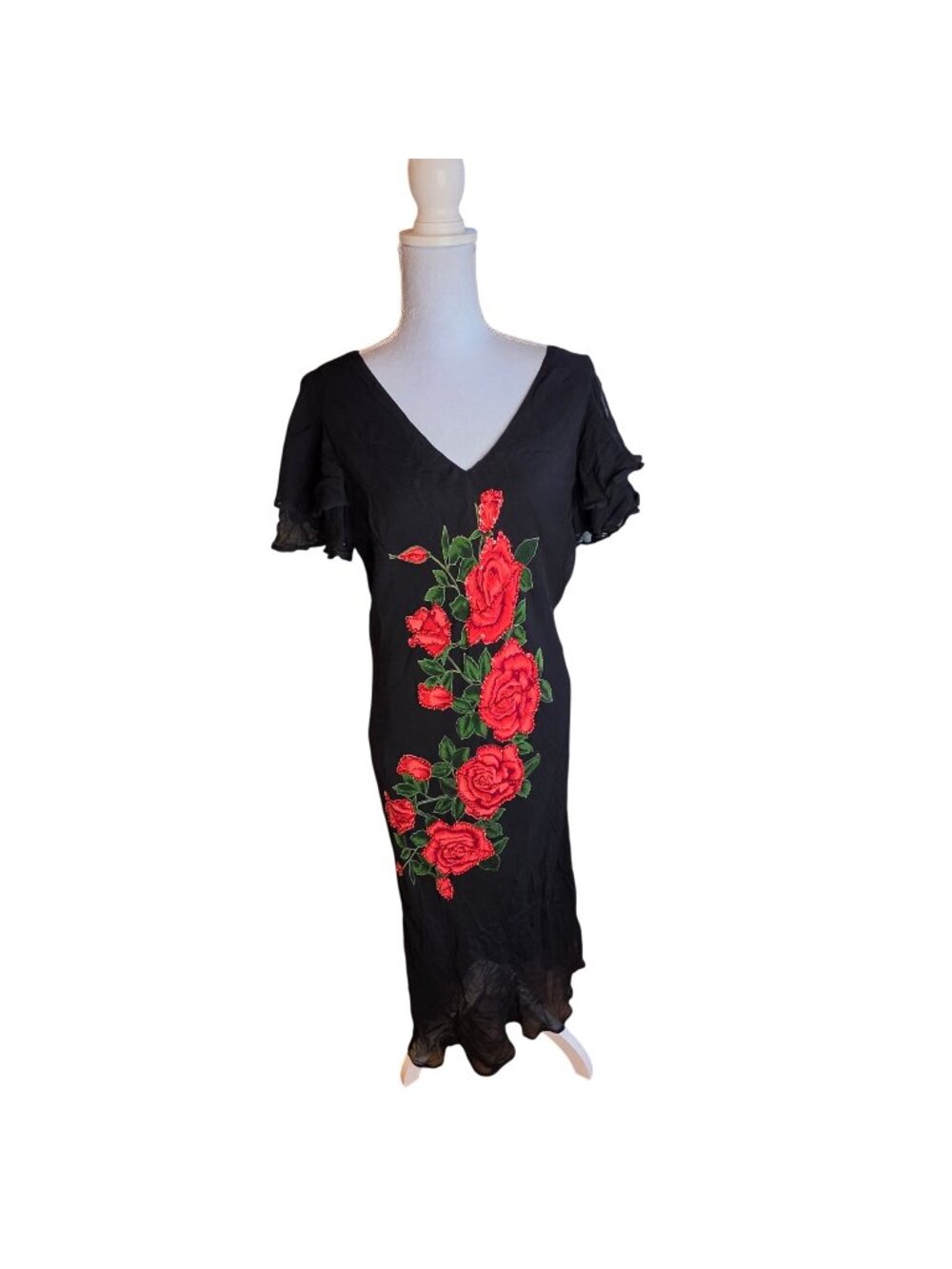Vintage 90s Black Red Rose Embroidered Rayon Dress 1X Plus Whimsigoth Cottagecor
